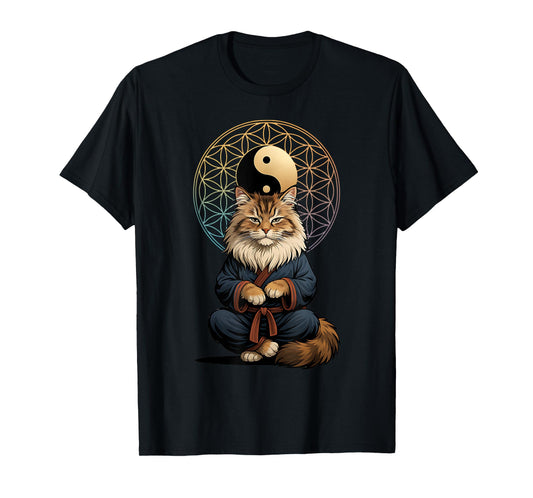 Tai Chi Cat Yin Yang Flower of Life Martial Arts Mainecoon T-Shirt