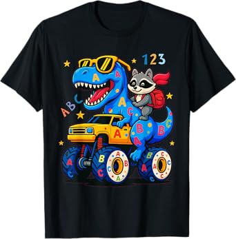 Monnster Truck Raccoon Riding Dino Back to School Funny ABC T-Shirt