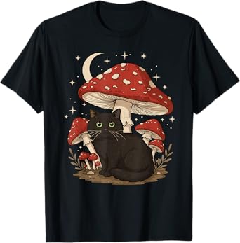 Vintage Cottagecore Aesthetic Cat Mushroom Graphic Fairycore T-Shirt