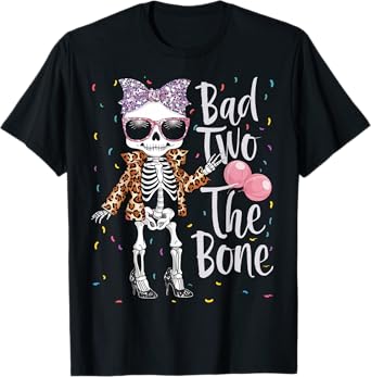 Bad Two The Bone 2nd Birthday Girl Halloween Leopard T-Shirt