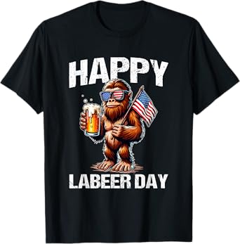 Funny Sasquatch Labeer Day Labor Day USA Flag Beer T-Shirt