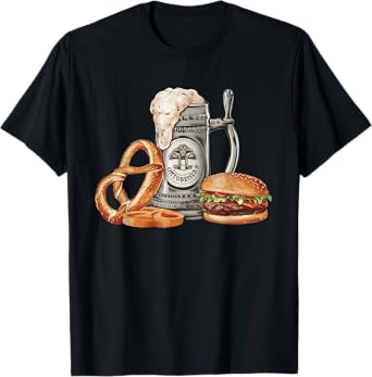 Oktoberfest Beer Mug with Pretzel and Burger, Festive Bavar T-Shirt