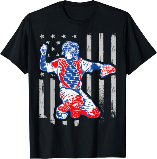 American Baseball Catcher USA Vintage Flag 4th Of July Boys T-Shirt