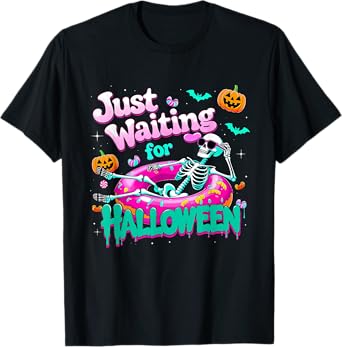 Just Waiting For Halloween Skeleton Donut Summerween Vibes T-Shirt