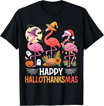 Happy Hallothanksmas Xmas Halloween Thanksgiving Flamingo T-Shirt