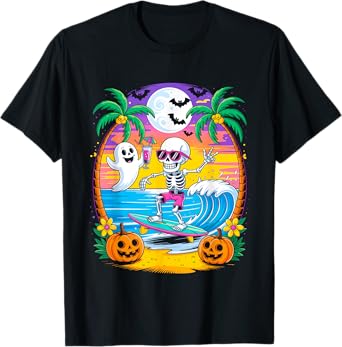 Beach Funny Halloween Vibes Summerween Skeleton Ghost T-Shirt