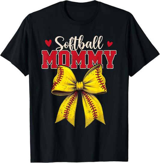 Softball Mommy Coquette Bow Game Day Softball Family T-Shirt