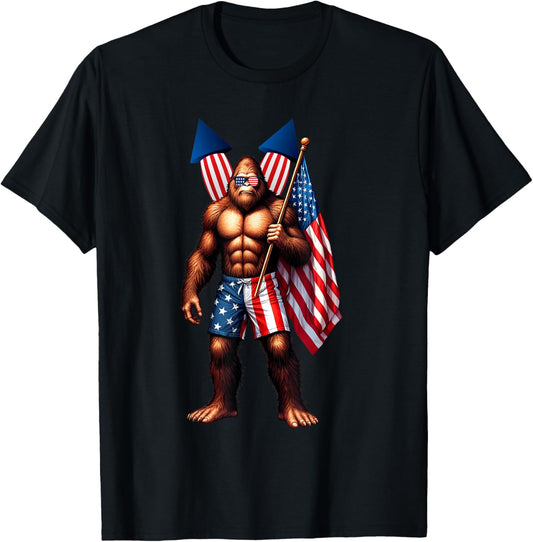 Bigfoot Fireworks 4th Of July Men Sasquatch American Us Flag T-shirt