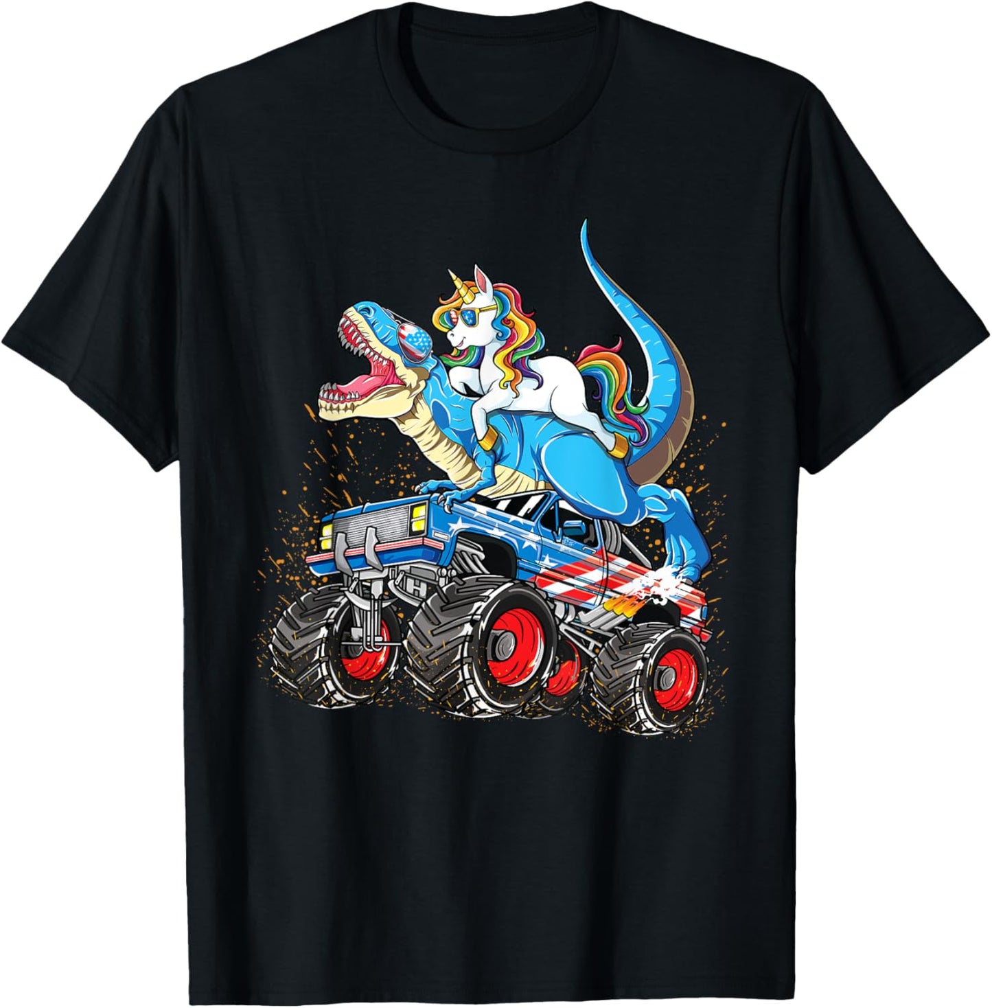 Unicorn Riding T rex Monster Truck Boys Girls Unicorn T-Shirt