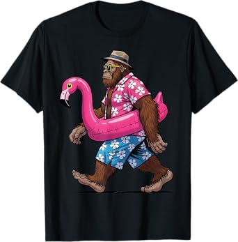 Bigfoot Flamingo Sasquatch Summer Pink Float Pool Party T-Shirt