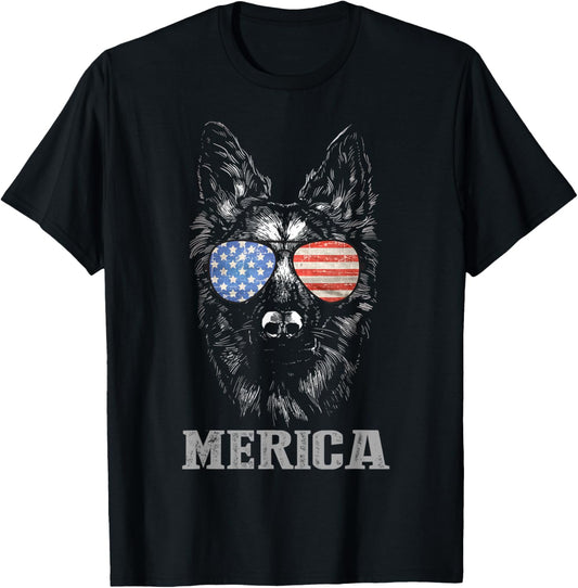 German Shepherd Patriotic Dog Merica 4th of July USA Flag T-Shirt