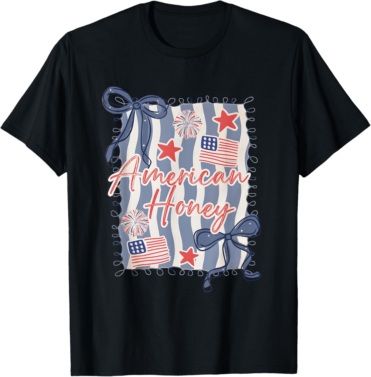 American Honey Flag Coquette Bow Girly 4th Of July Patriotic T-shirt