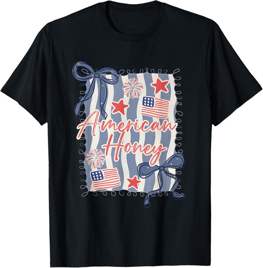 American Honey Flag Coquette Bow Girly 4th Of July Patriotic T-shirt