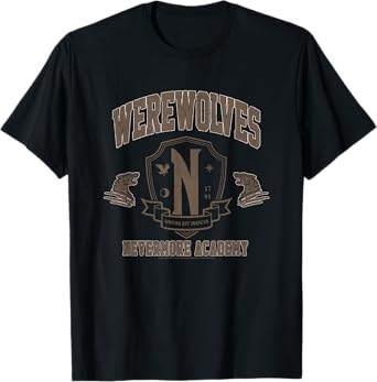 Wednesday Werewolves Nevermore Academy Distressed Chest Logo T-Shirt