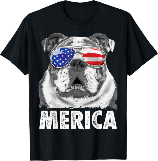 English Bulldog 4th of July Merica Men Women USA Flag Retro T-Shirt