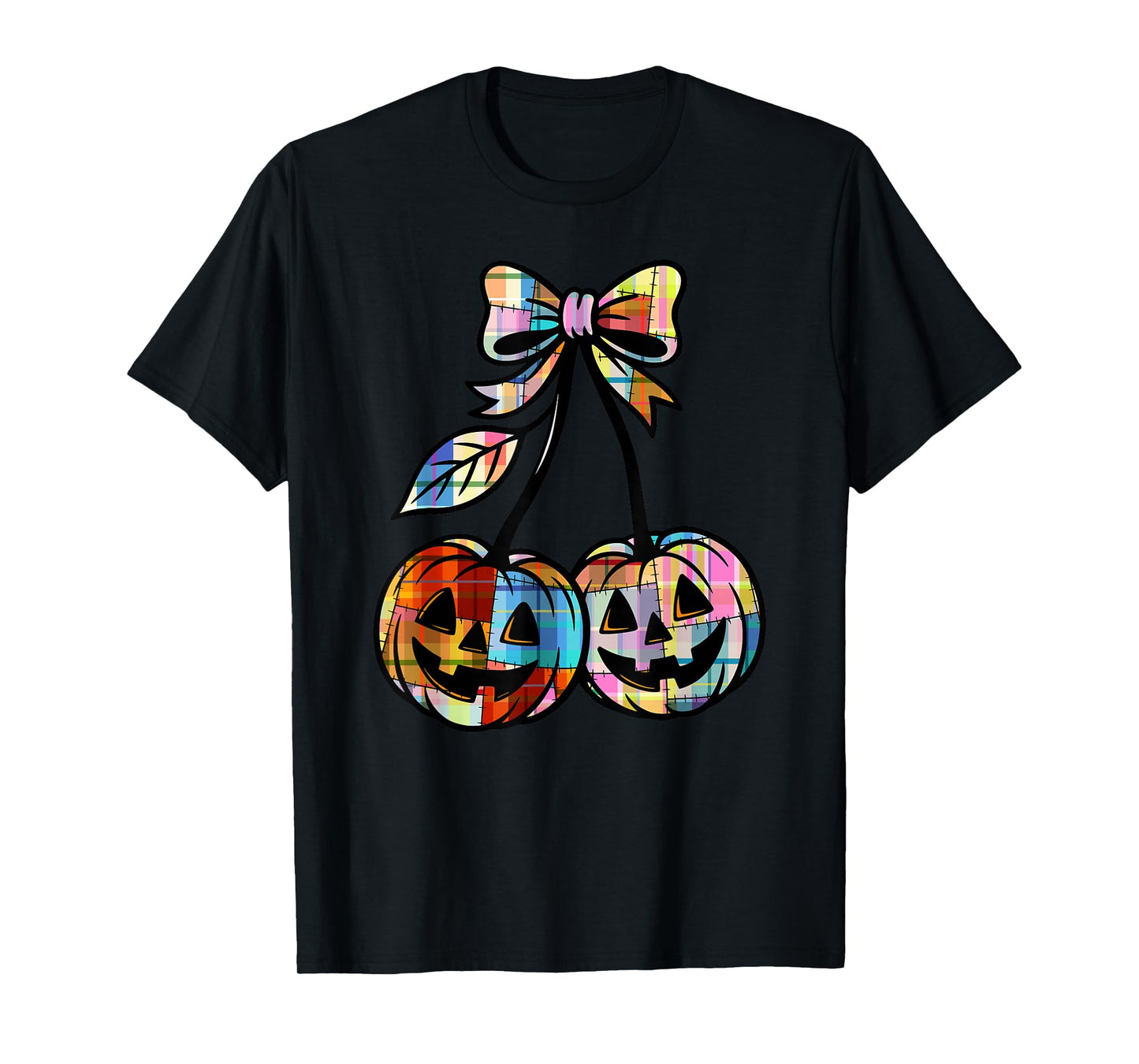 Pumpkin Cherries Coquette Plaid Retro Cherry Jack O'Lantern T-Shirt