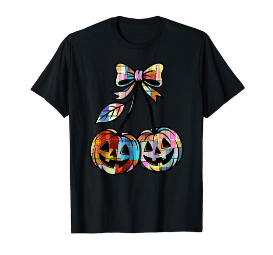 Pumpkin Cherries Coquette Plaid Retro Cherry Jack O'Lantern T-Shirt