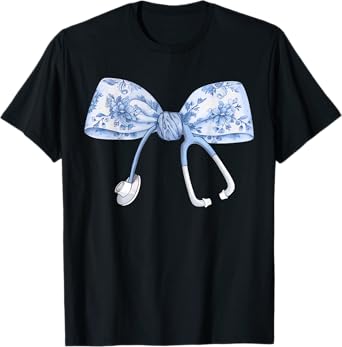 Floral Nurse Blue Coquette Bow Stethoscope Registered Nurse T-Shirt