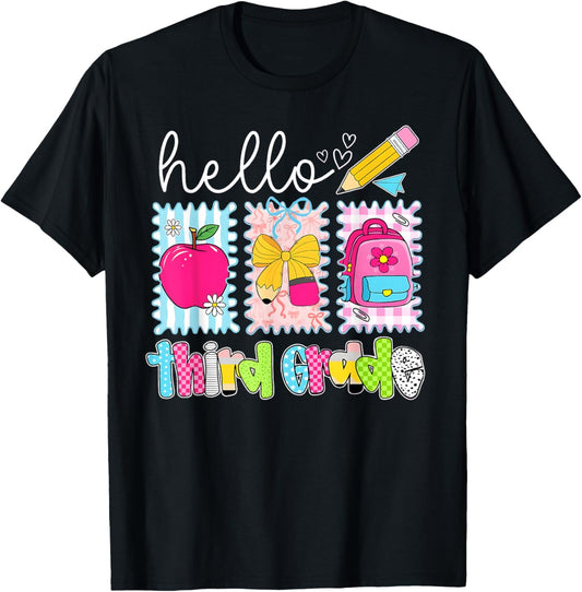 Back To School Hello Third Grade Teacher Coquette Pencil Bow T-Shirt