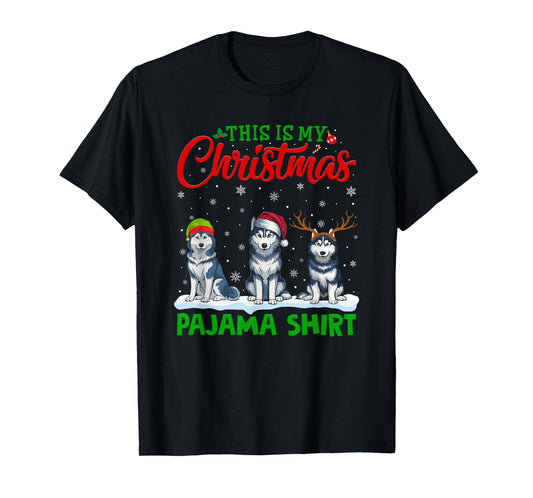 Xmas Santa Hat Reindeer Siberian Husky Dog Christmas Pajama T-Shirt