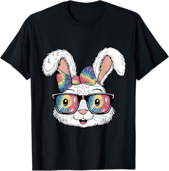 Cute Bunny Rabbit Face Tie Dye Glasses Girl Happy Easter Day T-Shirt