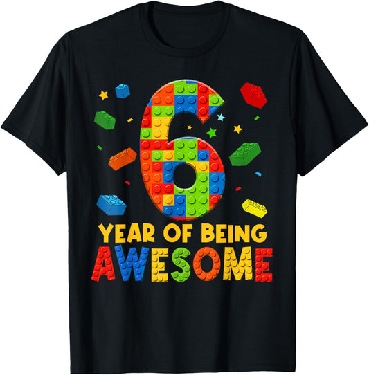 6 Year Old Birthday Boy Being Awesome Building Bricks 6th T-Shirt