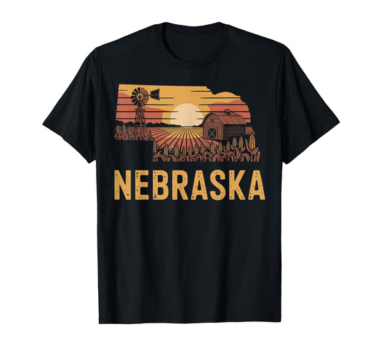 Nebraska barn windmill sunset farmland crops retro T-Shirt