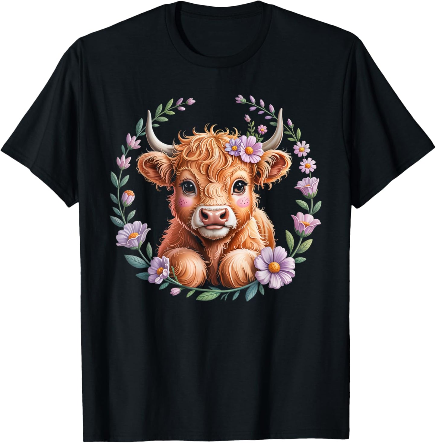 Baby Highland Cow Cute Flowers Scottish Farm Animal Lover T-Shirt