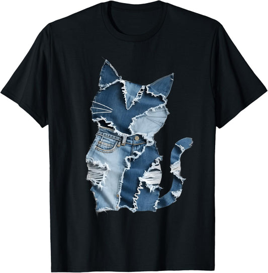 Cute Cat Pattern Denim Patchwork Funny Cat Lover T-Shirt