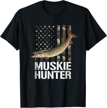 Muskie hunter, American Flag Camouflage, fishing muskie T-Shirt for Women Kids Men