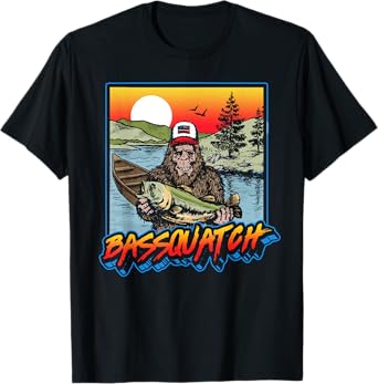 Bassquatch! Funny Bass Fishing Sasquatch Retro 80s Fisherman T-Shirt