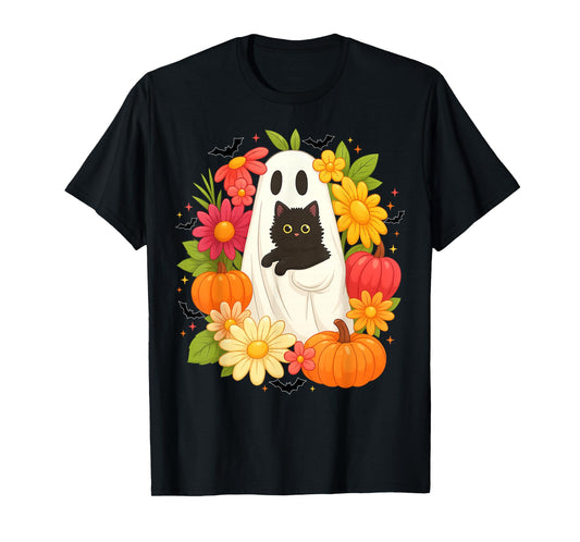 Vintage Boo Halloween Ghost Floral Black Cat Groovy Women T-Shirt