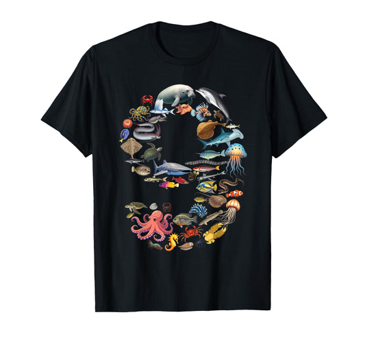 9 Years Old 9th Birthday Sea Ocean Animals Figures Number 9 T-Shirt