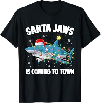 Santa Jaws Shark Christmas Lights Merry Sharkmas Xmas Boys T-Shirt