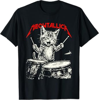 Rock On Vintage Drummer Cat 80s Band Style T-Shirt