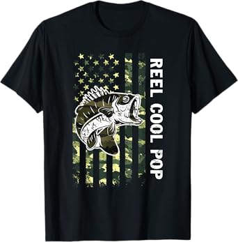 Mens Father's Day Reel Cool Pop Fish Camouflage American Flag T-Shirt