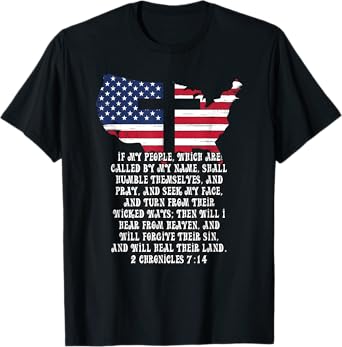 Bible Verse Cross Jesus 2 Chronicles 7:14 USA Flag American T-Shirt for Women Men