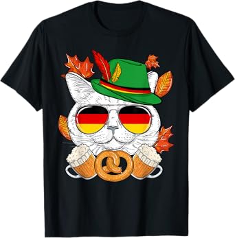 Funny Lederhosen Cat & Sunglasses Germany Flag Oktoberfest T-Shirt