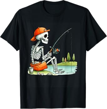Skeleton Fishing Halloween Costume Funny Fishing Boys Kids T-Shirt