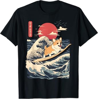 Corgi Surfing Japanese Wave T-Shirt