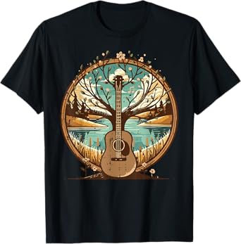 Acoustic Guitar Tree Lake Art Retro Guitarist Women Men Kids T-Shirt