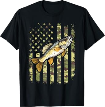 Walleye Camo American Flag, Fishing Walleye T-Shirt