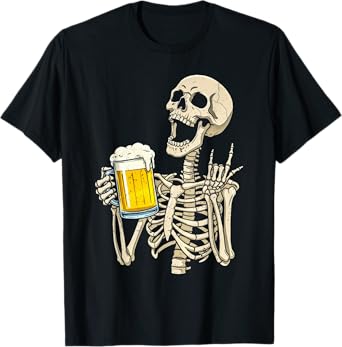 Skeleton Drinking Beer Funny Halloween Costume Party Spooky T-Shirt