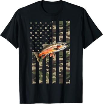 Brook Trout Fishing, Camo American Flag with Brook Trout T-Shirt