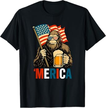 Patriotic Bigfoot Holding Beer with USA Flag for July 4th T-Shirt