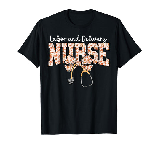 Fall Labor and Delivery Nurse Stethoscope Coquette Bow Women T-Shirt