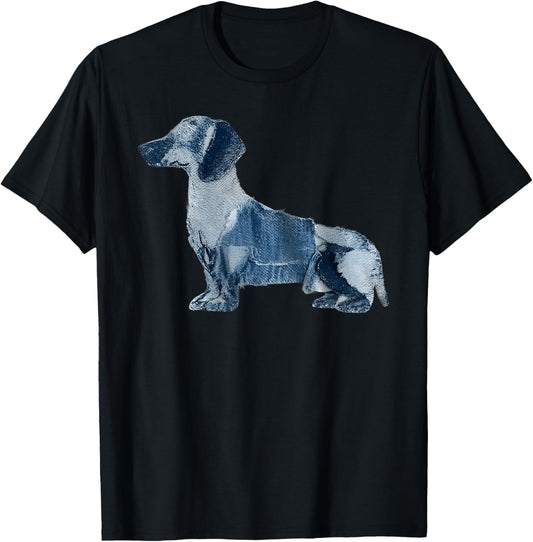 Dachshund Pattern Patchwork Art Dachshund In Denim Dog T-Shirt