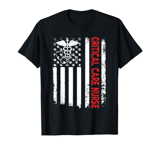 Critical Care Nurse American Flag Patriotic Registered Nurse T-Shirt for Women Men