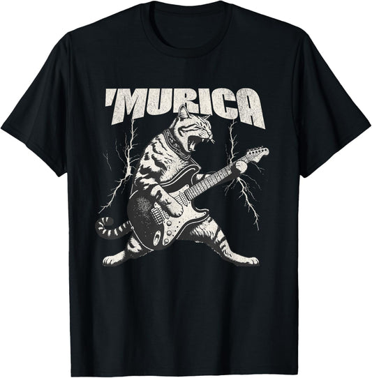 Murica Rock Star Cat Guitar 4th Of July Rock N Roll Meowtal T-shirt
