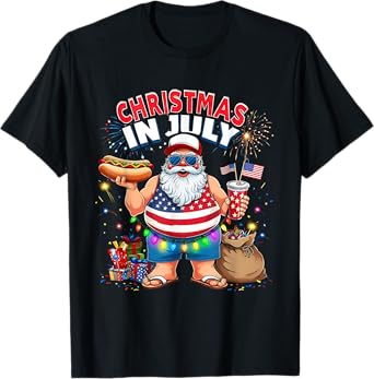 Christmas In July Funny Santa Hot Dog USA Tee T-Shirt